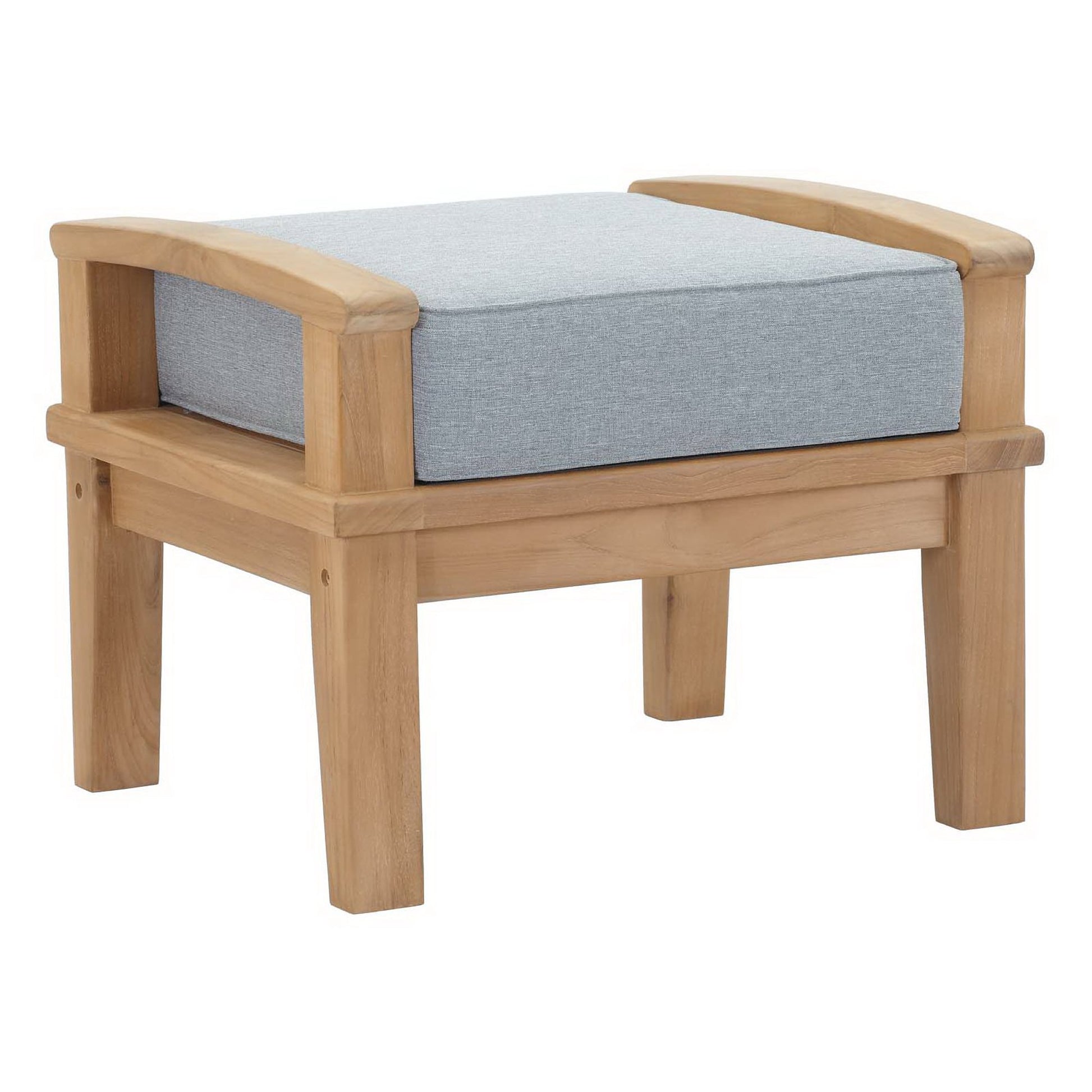 Natural wood-framed ottoman with light gray cushion, curved arms, sturdy square legs.