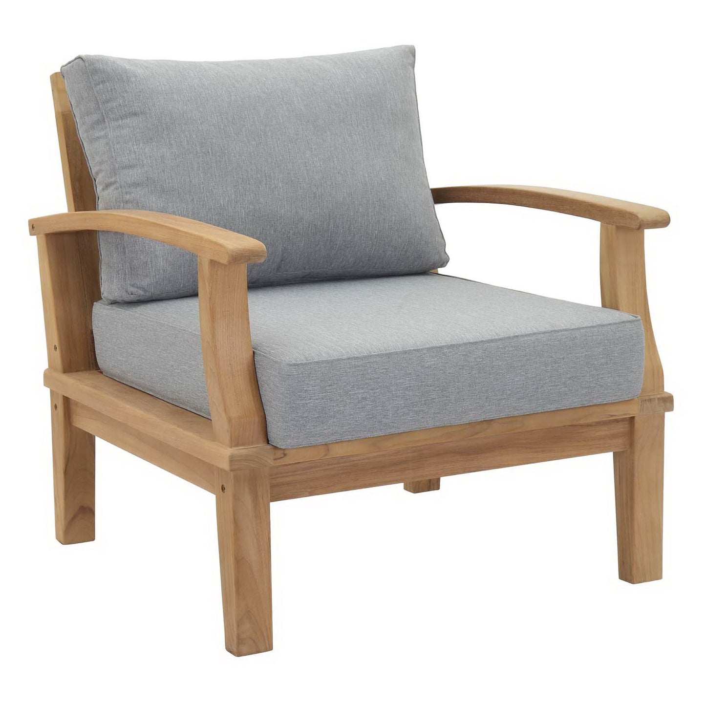 Natural wood-framed armchair with light gray cushions and curved arms.