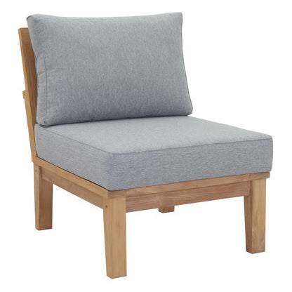 Natural wood outdoor chair with light gray cushions; square legs, back pillow & seating cushion.