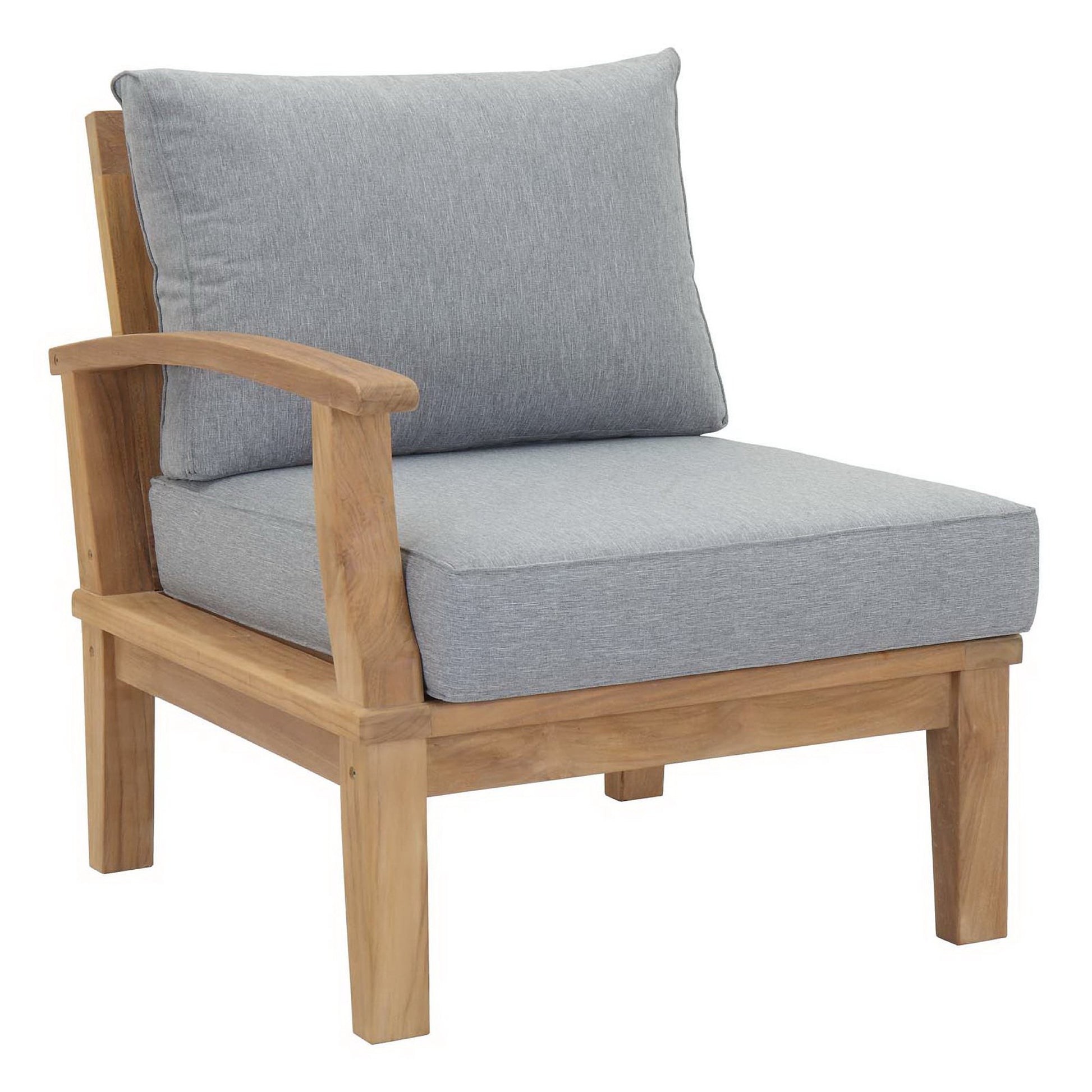Natural wood armchair with light gray cushions and curved wooden armrests.