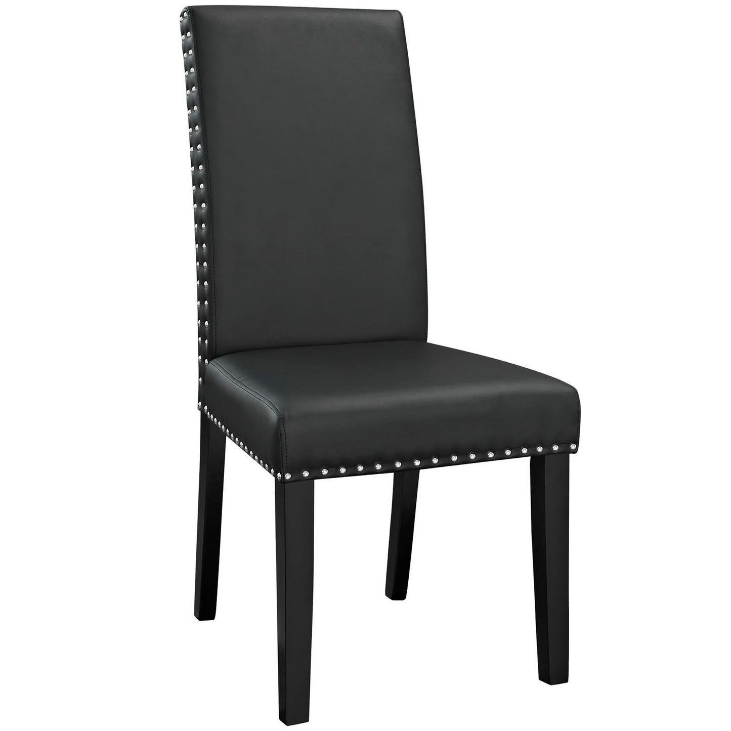 Black faux-leather dining chair with tall back, square legs, and studded nailhead trim.