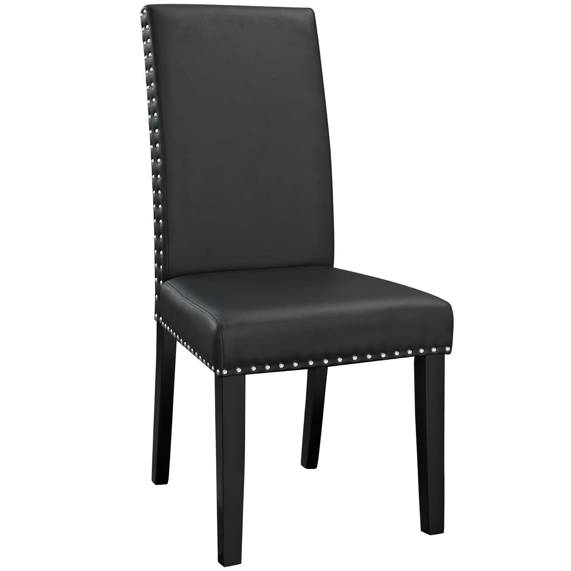 Black faux-leather dining chair with tall back, square legs, and studded nailhead trim.