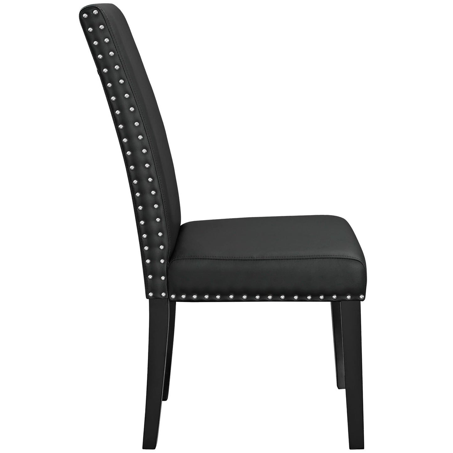 Black faux-leather dining chair with silver nailhead trim along back and seat edge; tapered legs.