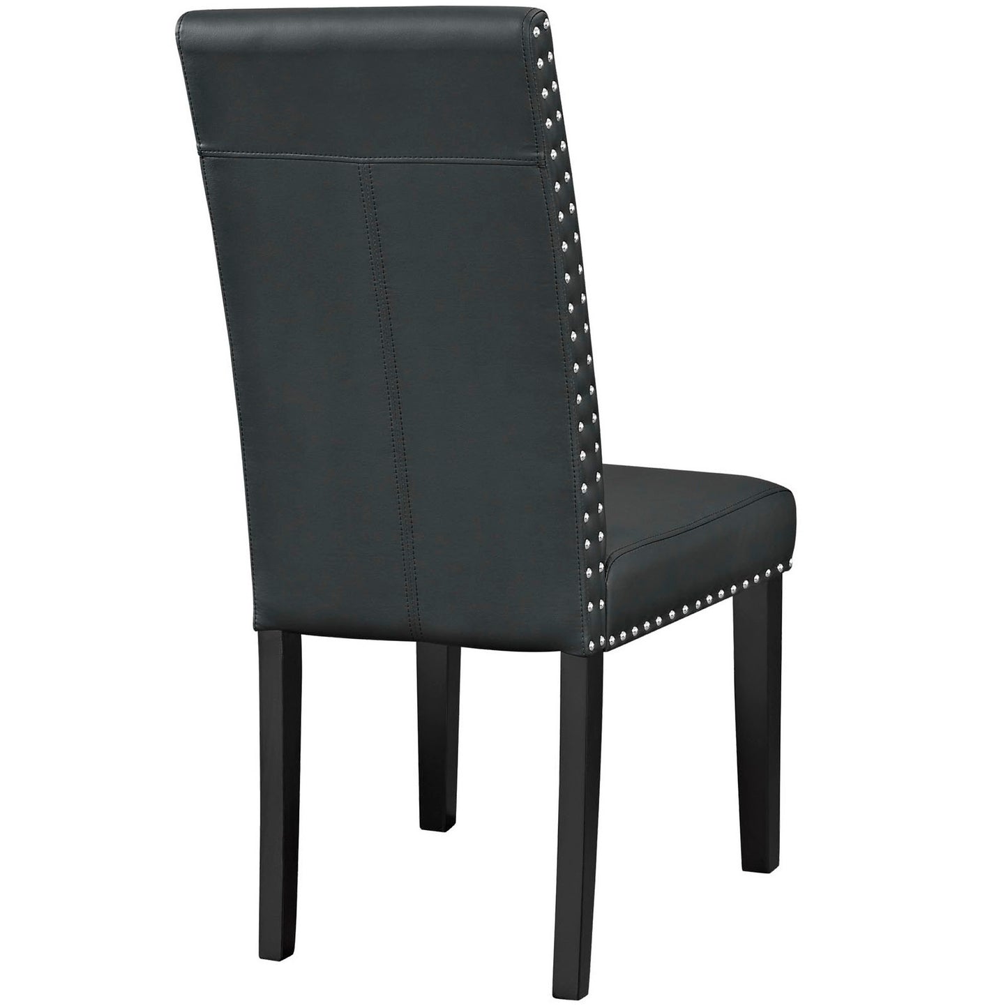 Black upholstered dining chair with nailhead trim along sides and seat, tall back, square wooden legs.