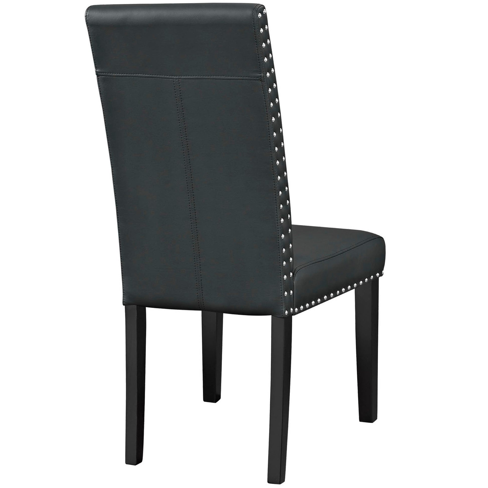 Black upholstered dining chair with nailhead trim along sides and seat, tall back, square wooden legs.