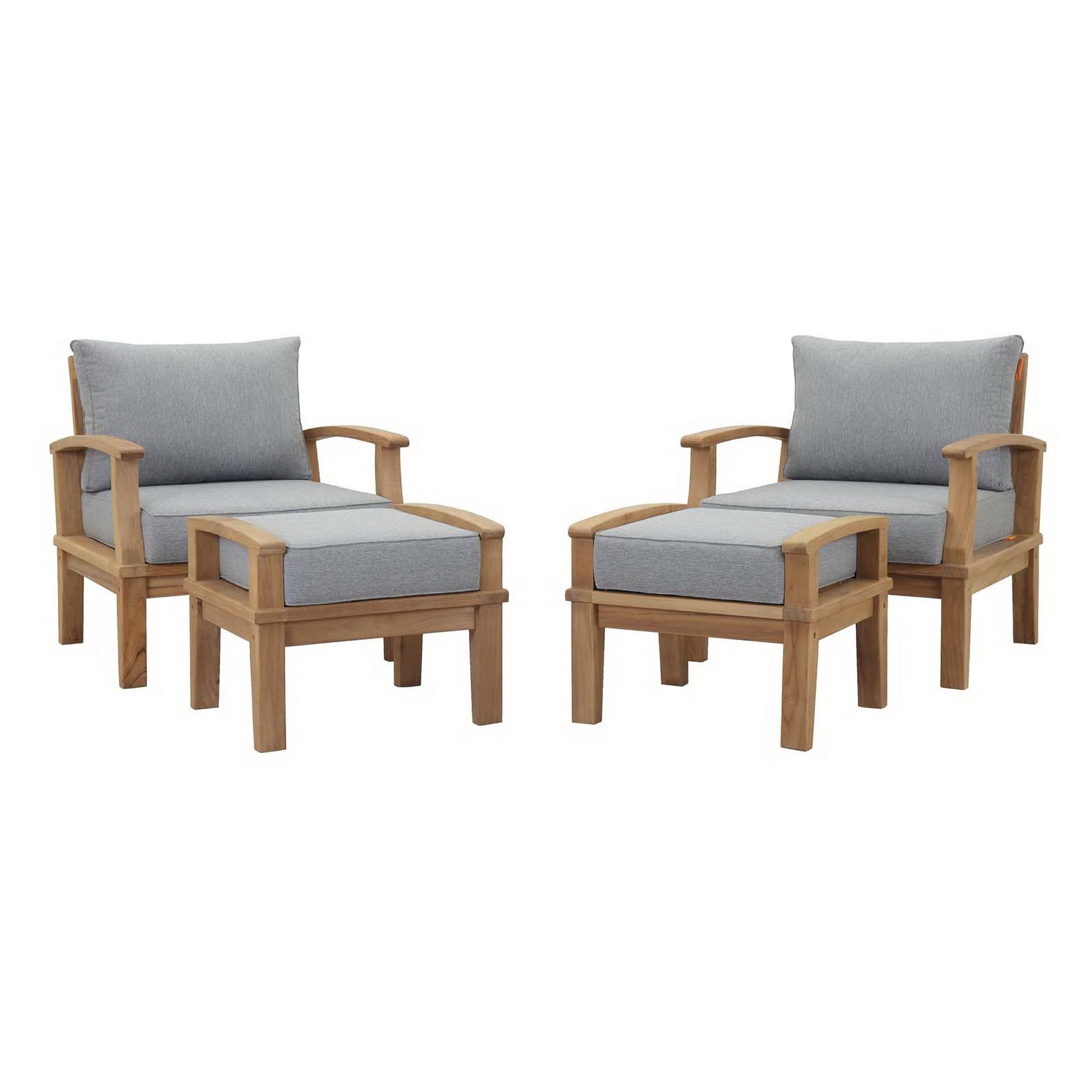 Pair of natural wood outdoor armchairs with light gray cushions and wide square arms.