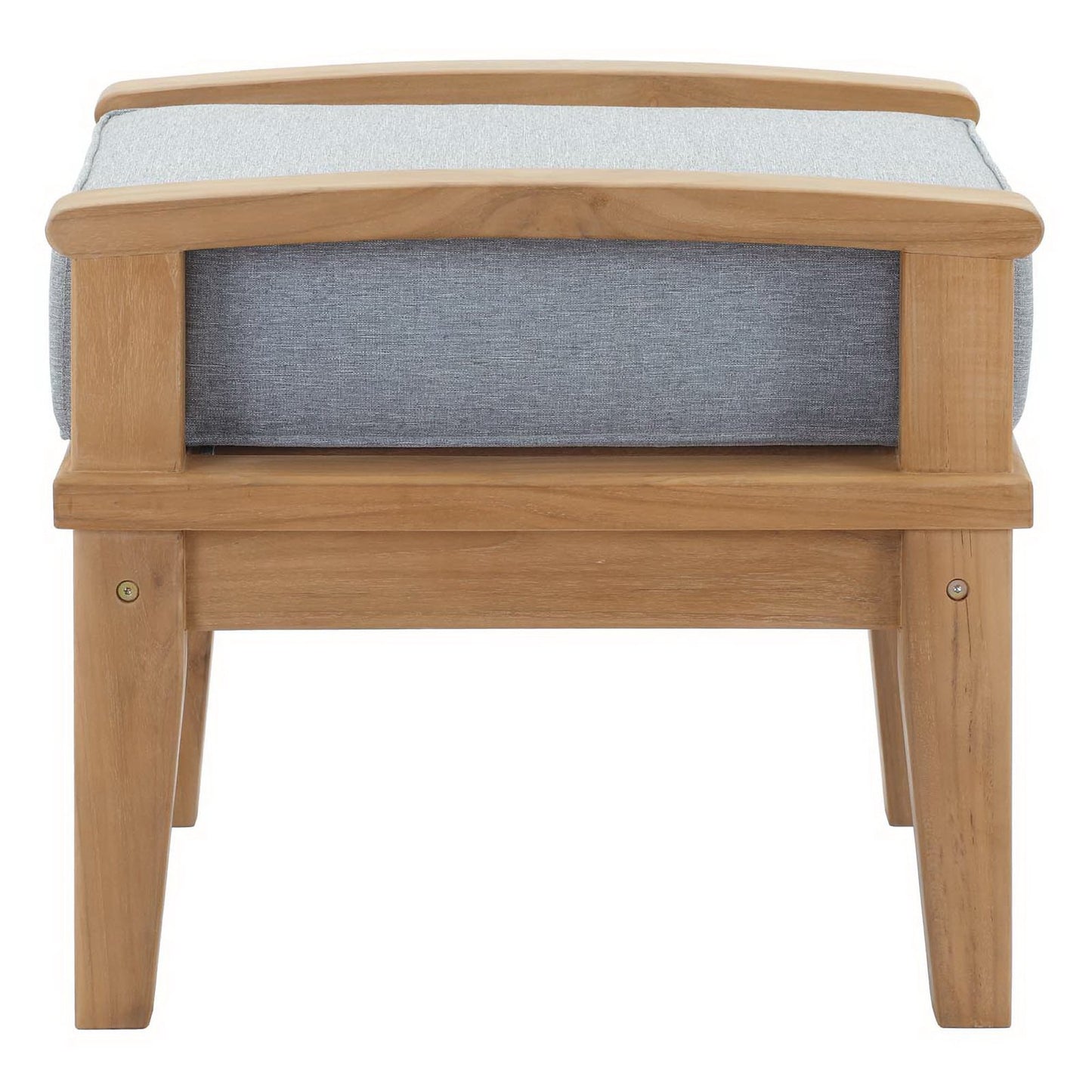 Natural wood-framed lounge chair with gray seat cushion and blue-gray back panel, mid-century style.