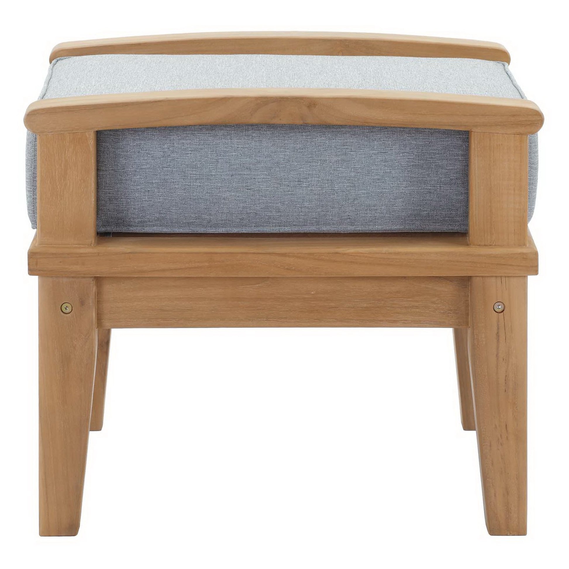 Natural wood-framed lounge chair with gray seat cushion and blue-gray back panel, mid-century style.