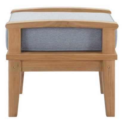 Natural wood-framed lounge chair with gray seat cushion and blue-gray back panel, mid-century style.
