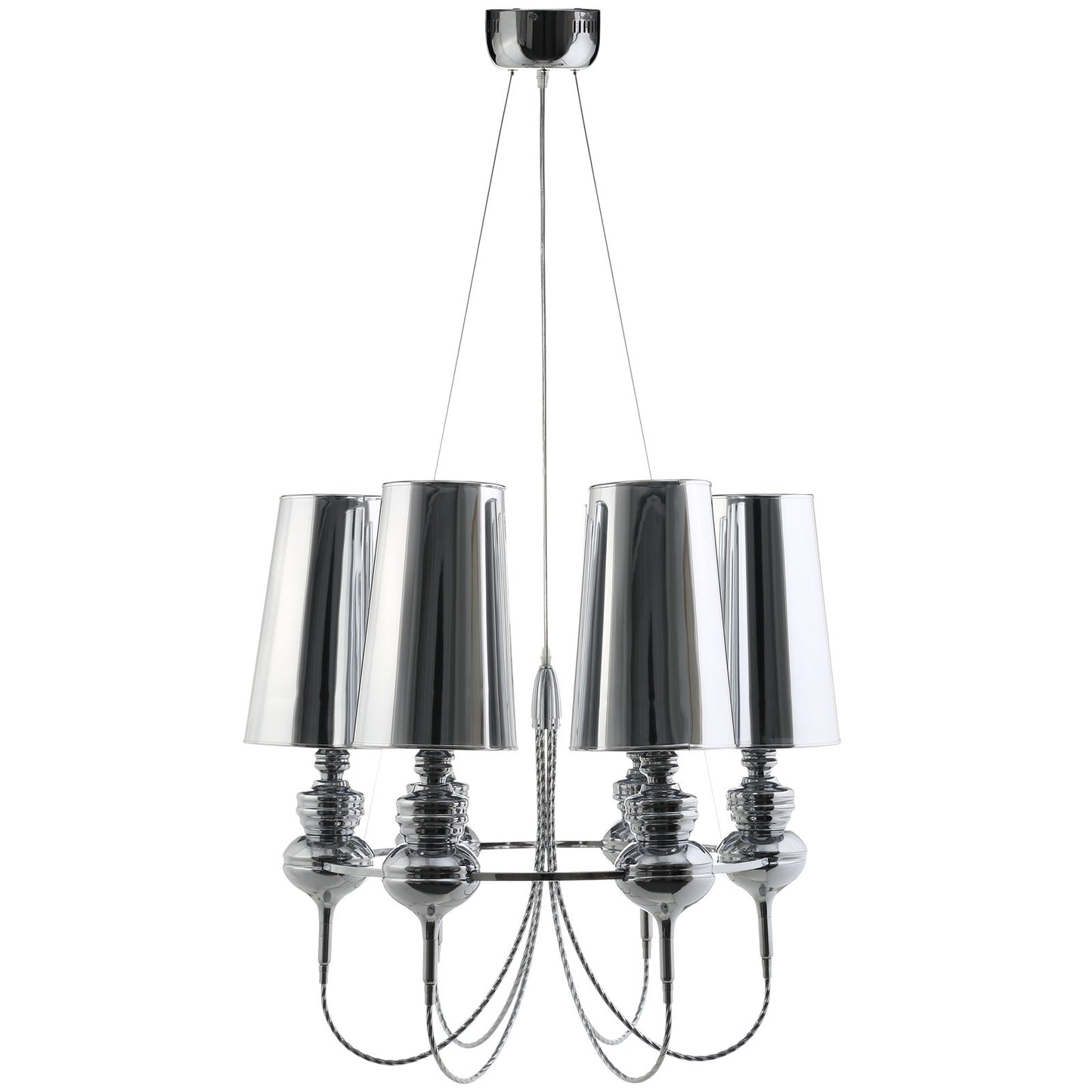 Stainless steel chandelier with multiple cone-shaped metallic shades, suspended by cables.