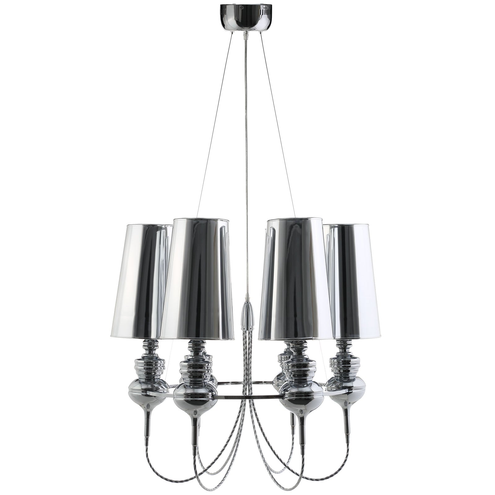 Stainless steel chandelier with multiple cone-shaped metallic shades, suspended by cables.