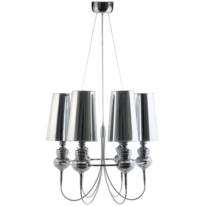 Stainless steel chandelier with multiple cone-shaped metallic shades, suspended by cables.