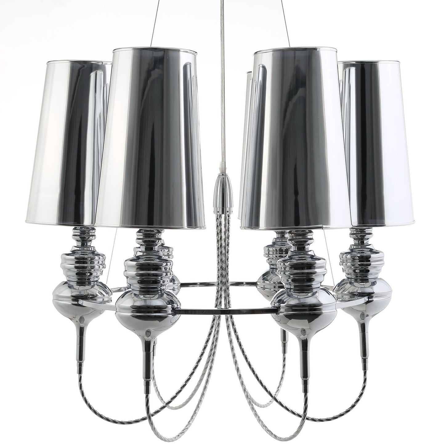 Polished chrome chandelier with cylindrical metal shades and ornate orb accents.