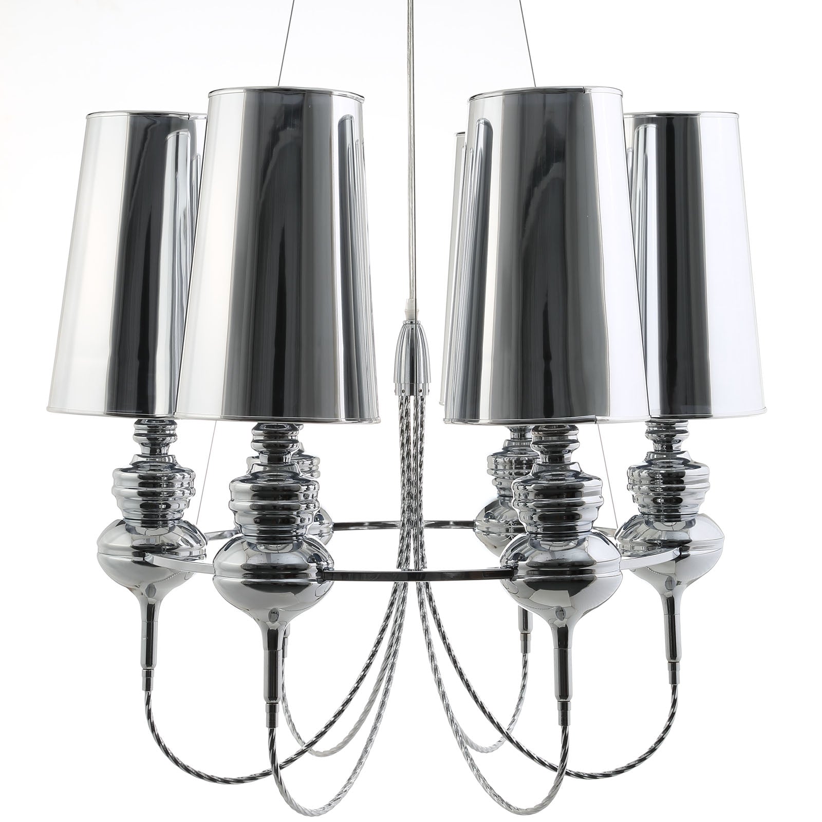 Polished chrome chandelier with cylindrical metal shades and ornate orb accents.