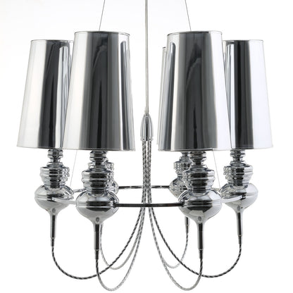 Polished chrome chandelier with cylindrical metal shades and ornate orb accents.