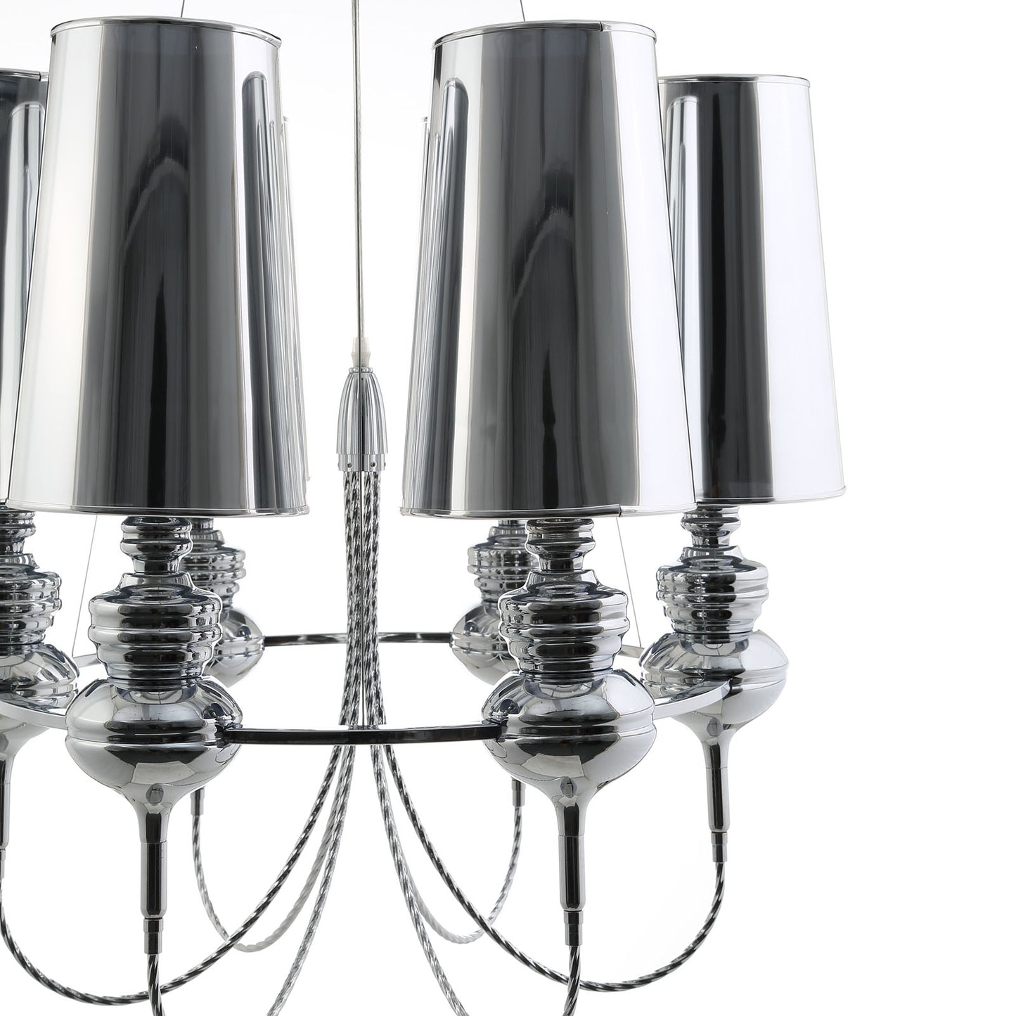 Stainless steel chandelier with cylindrical metal shades and glossy stacked stems, modern glam lighting.