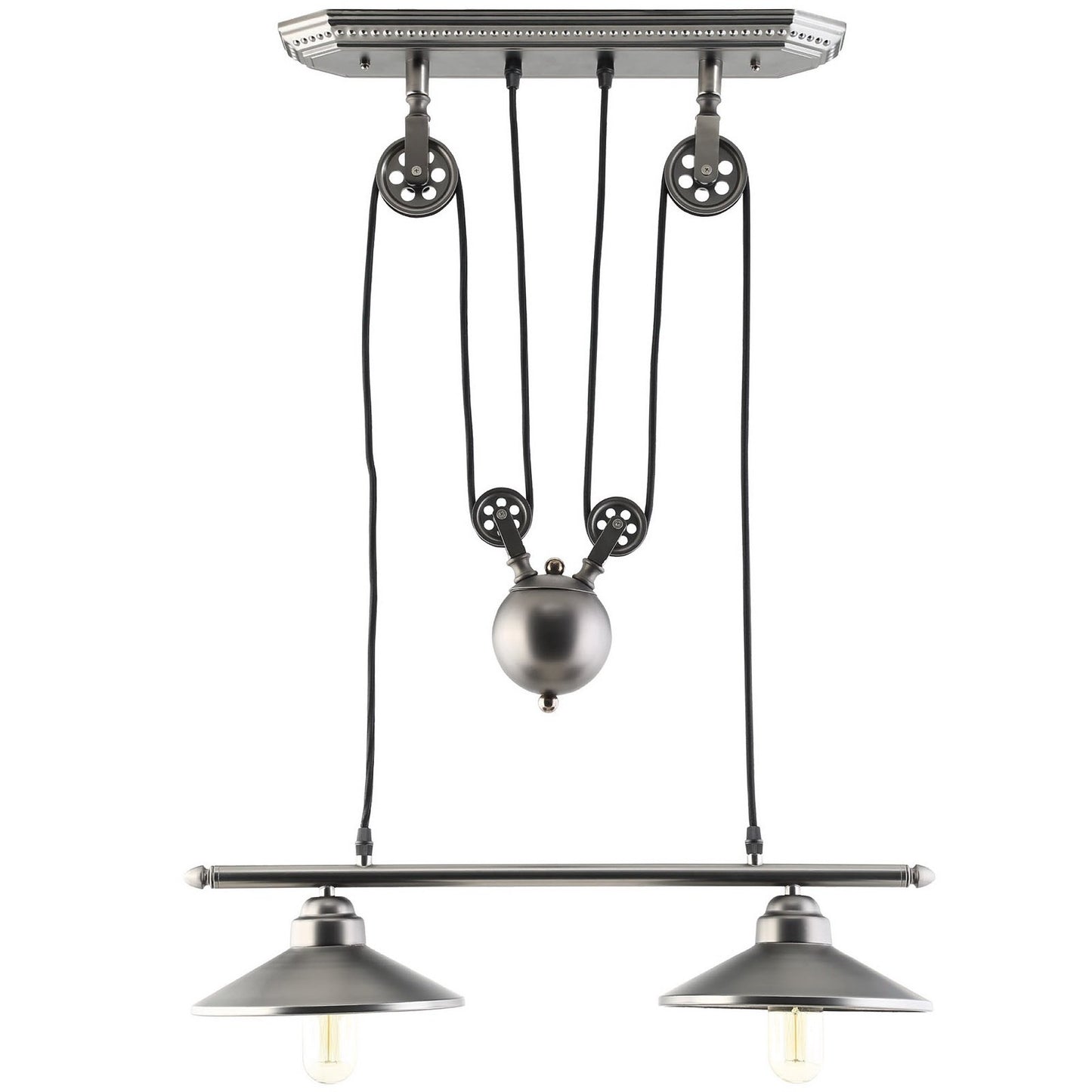 Industrial-style pendant with two gray metal cone shades, black cords, pulley rig, and chrome ceiling bar.