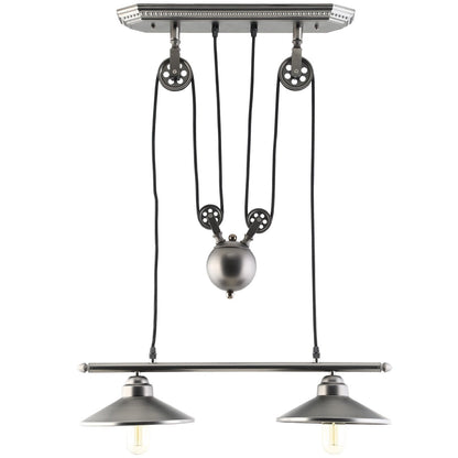 Industrial-style pendant with two gray metal cone shades, black cords, pulley rig, and chrome ceiling bar.