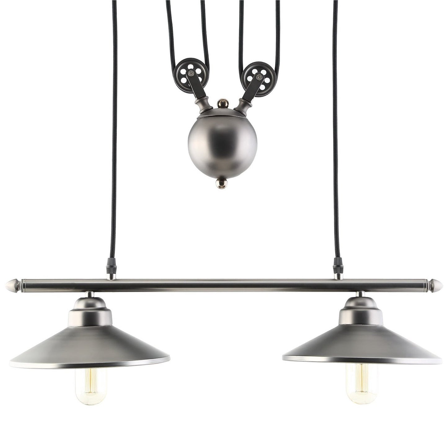 Industrial-style dual pendant light with brushed nickel bar, two metal cone shades, Edison bulbs, black cords.