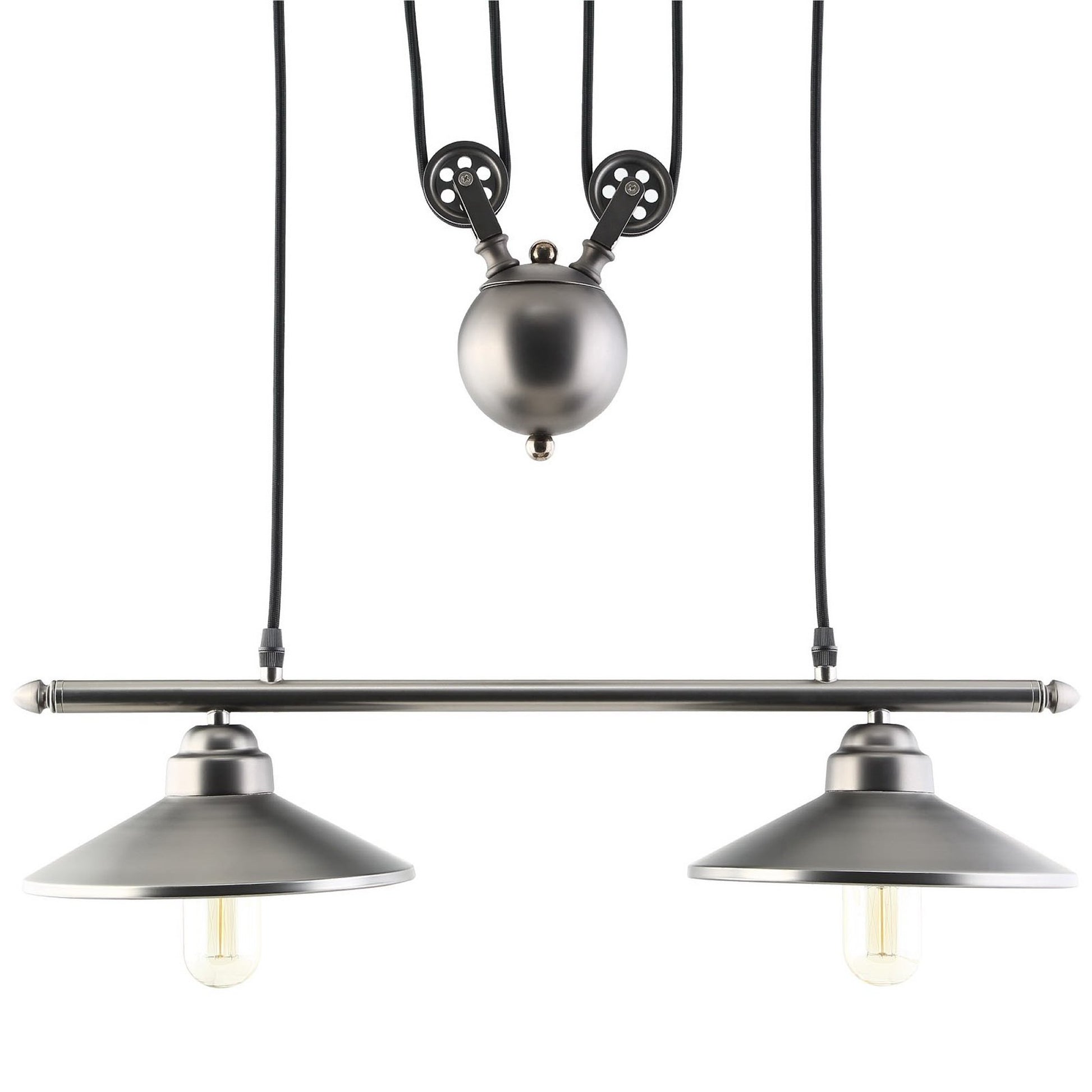 Industrial-style dual pendant light with brushed nickel bar, two metal cone shades, Edison bulbs, black cords.