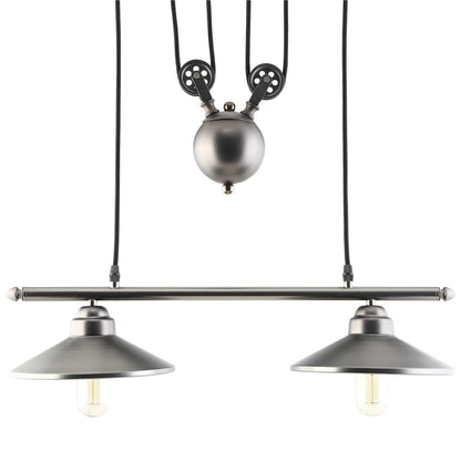 Industrial-style dual pendant light with brushed nickel bar, two metal cone shades, Edison bulbs, black cords.