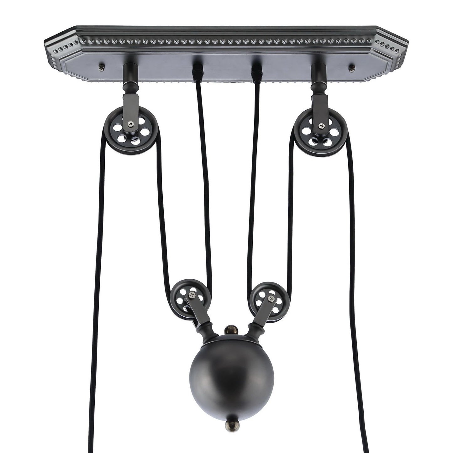 Industrial silver metal ceiling pendant with five cords, pulley accents, and a matte spherical bulb centerpiece.