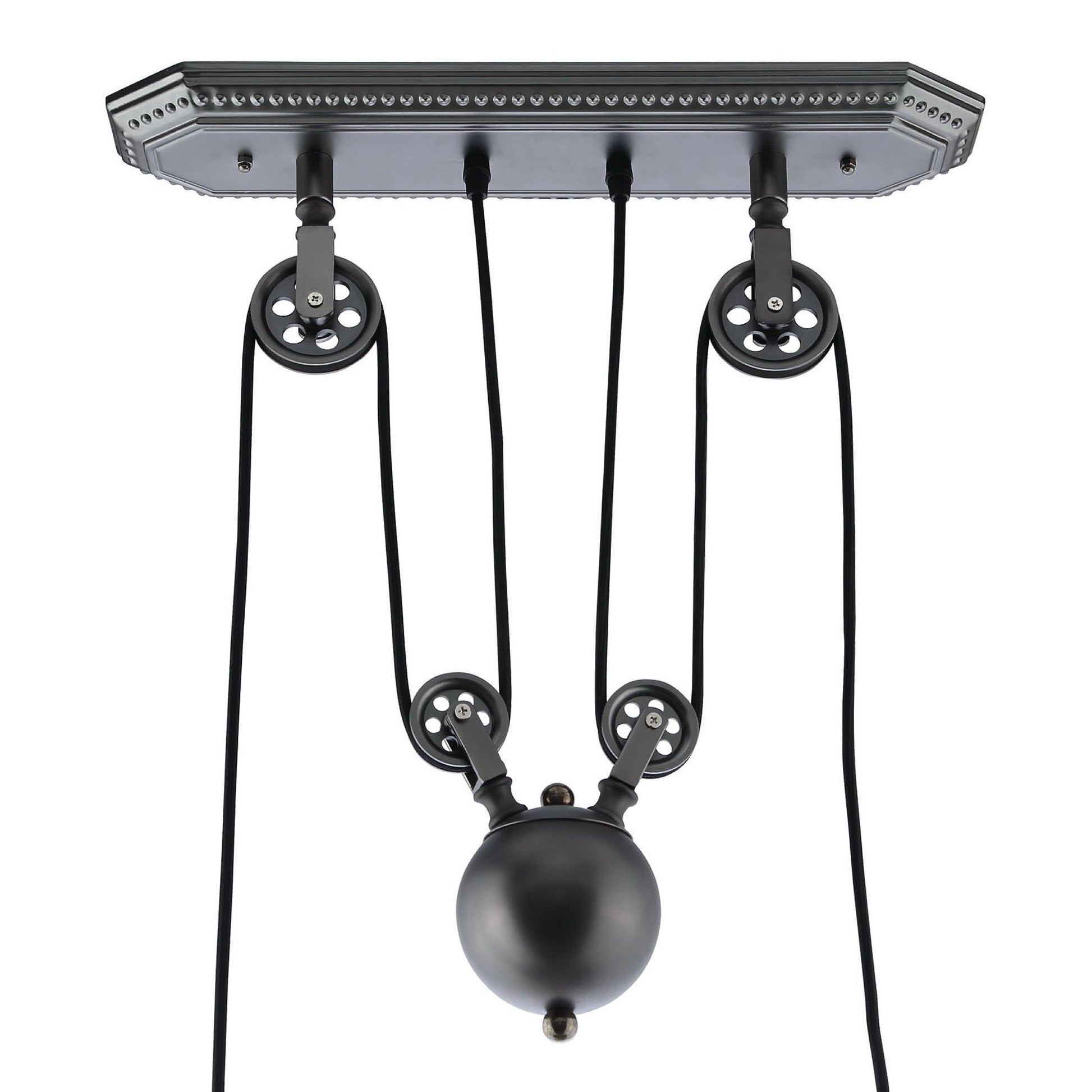 Industrial silver metal ceiling pendant with five cords, pulley accents, and a matte spherical bulb centerpiece.
