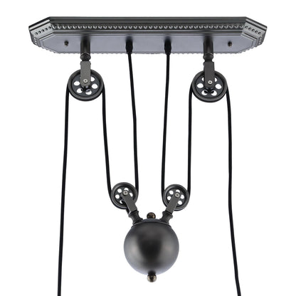 Industrial silver metal ceiling pendant with five cords, pulley accents, and a matte spherical bulb centerpiece.