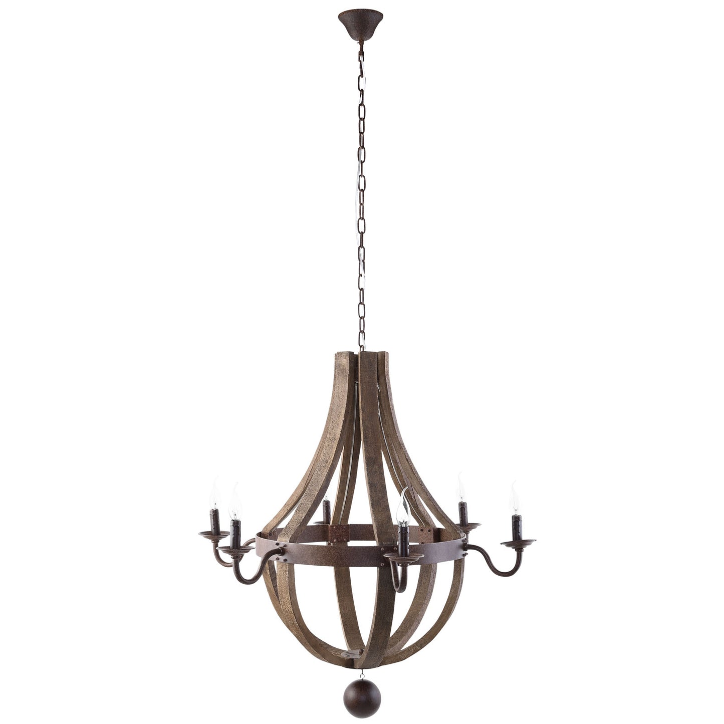 Rustic wooden orb chandelier with curved slats, dark metal bands and six candle-style lights on curved arms.