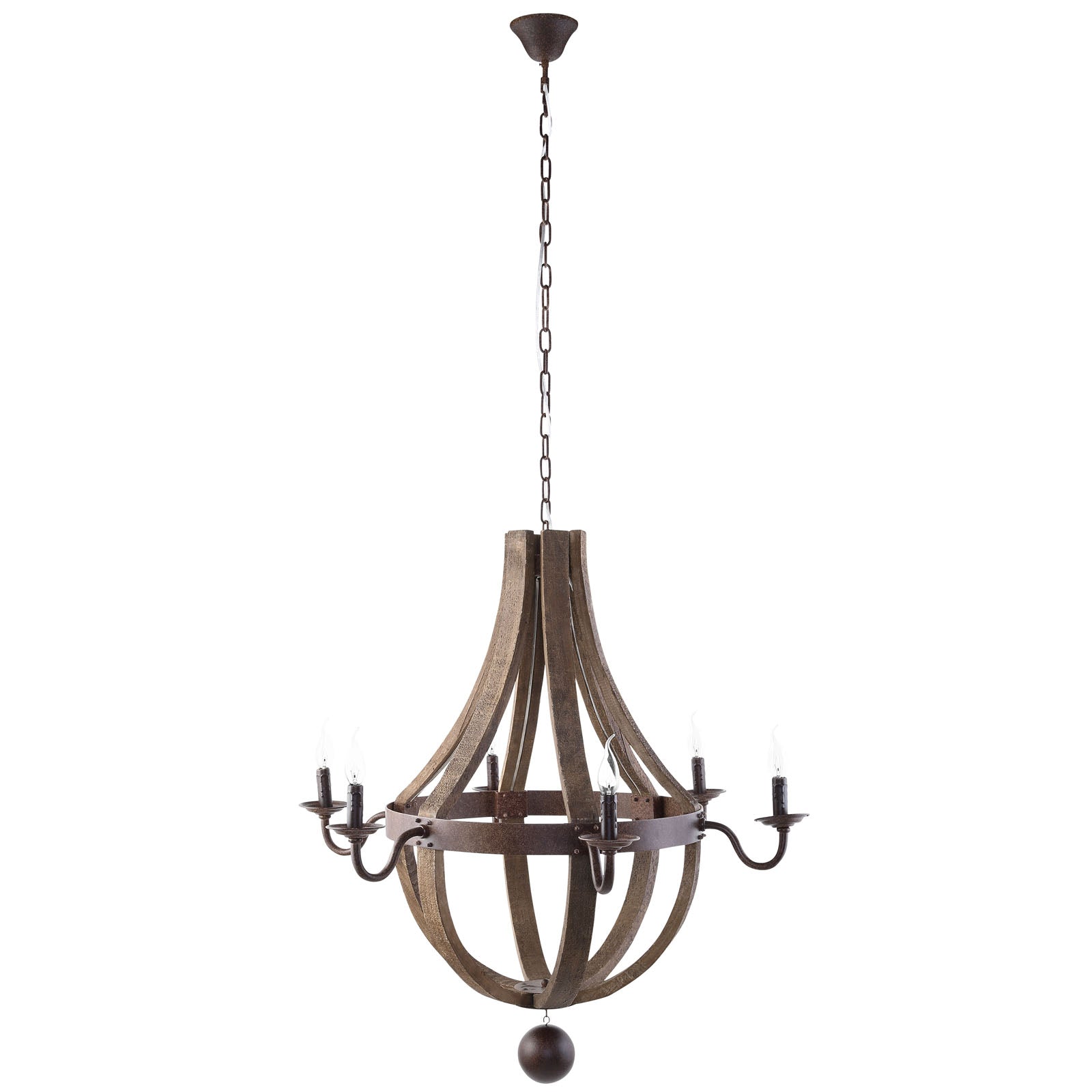 Rustic wooden orb chandelier with curved slats, dark metal bands and six candle-style lights on curved arms.
