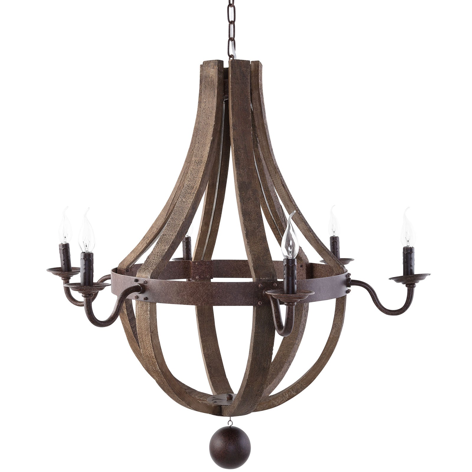 Antique brass metal chandelier with a spherical iron frame, six candle-style bulbs, and a hanging chain.