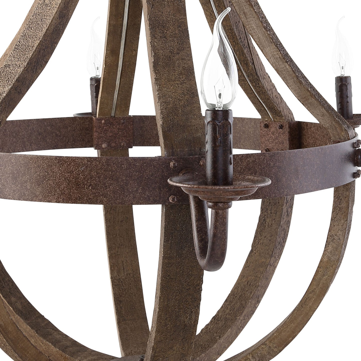 Antique-brass globe chandelier with metal bands and exposed bulbs.