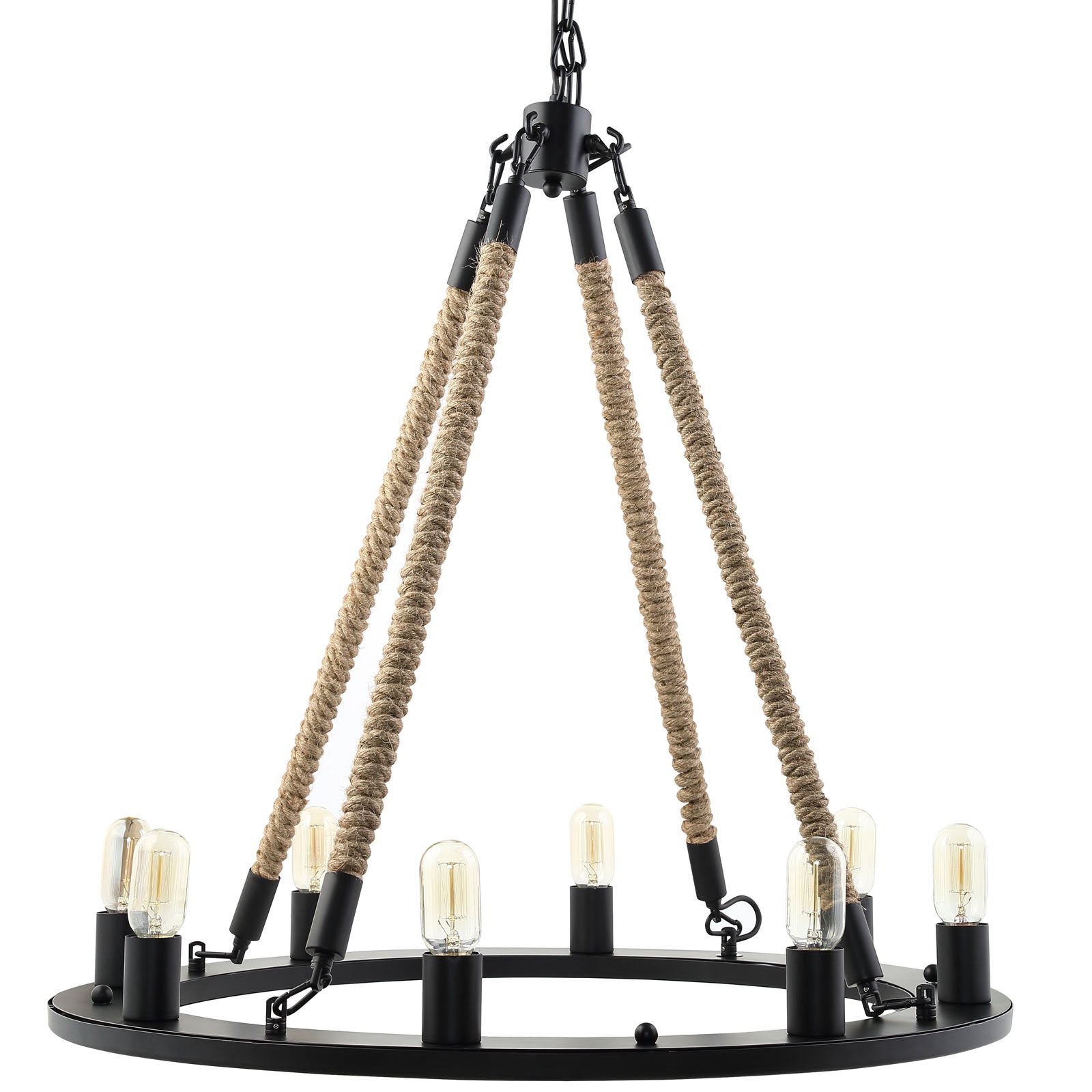 Industrial nautical rope pendant chandelier: circular black frame with rope-wrapped suspensions and exposed Edison bulbs.