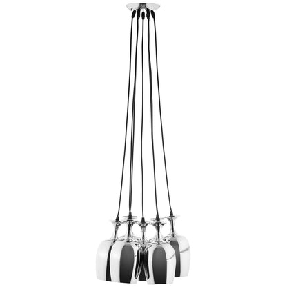 Five chrome pendant lights with reflective teardrop-shaped shades on black cords from a round ceiling canopy.
