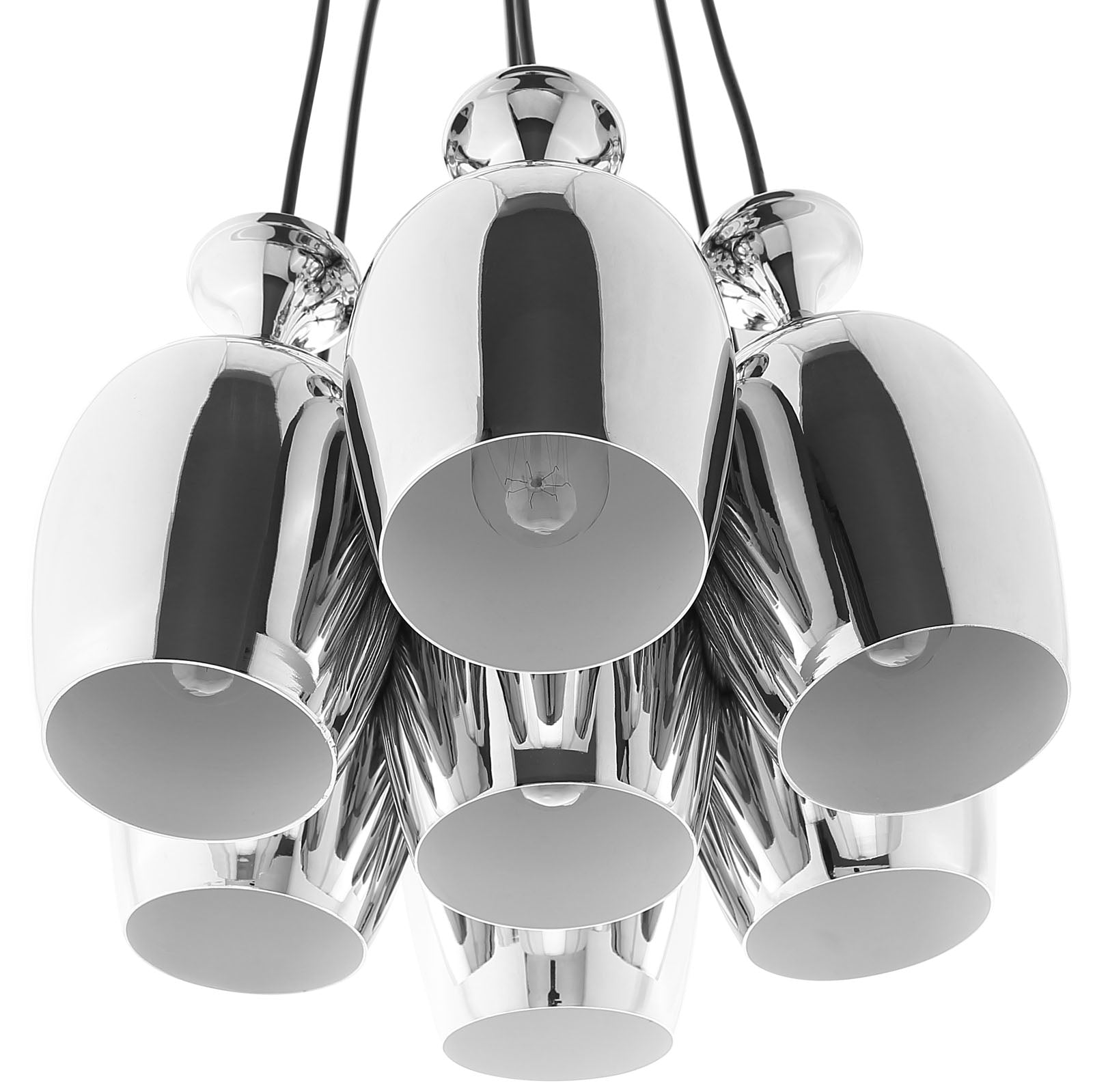 Polished chrome cluster pendant chandelier with multiple cylindrical shades; modern industrial lighting.