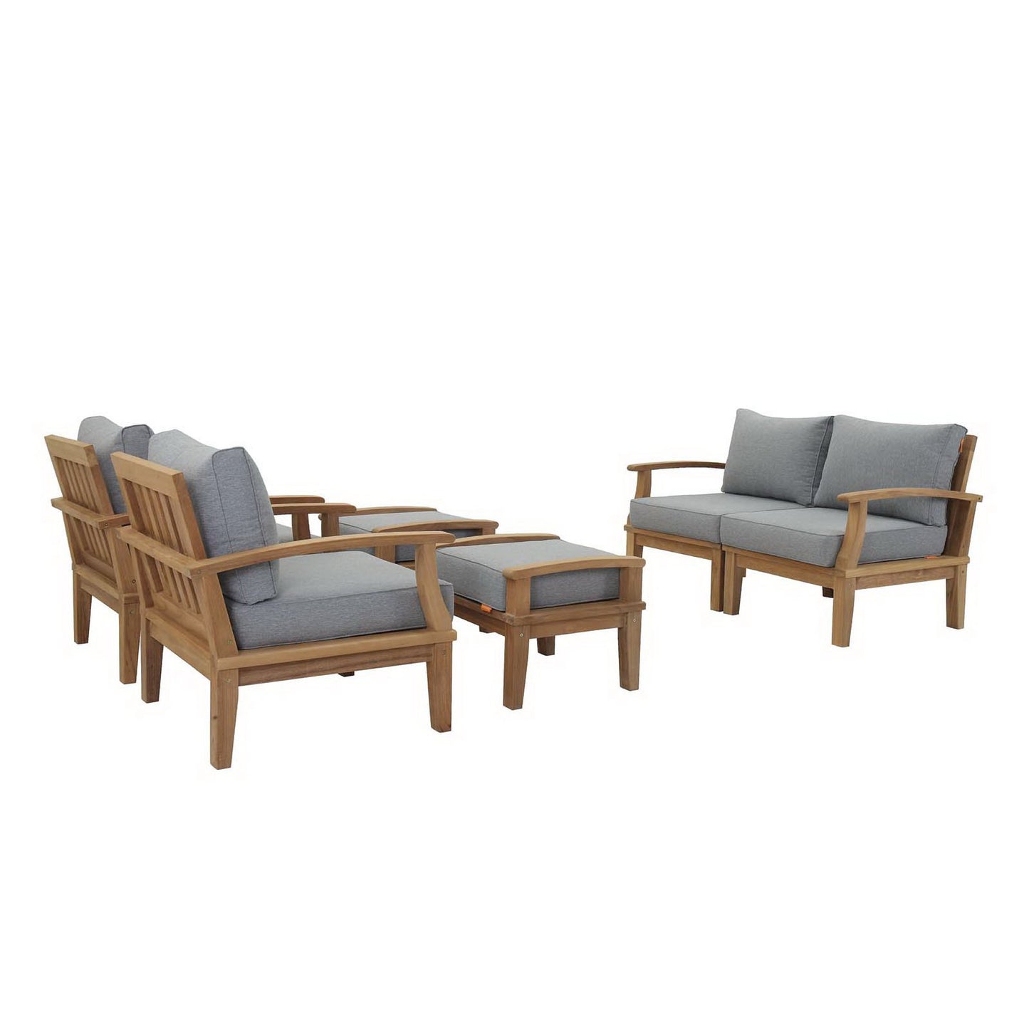 Teak outdoor six-piece patio set with gray cushions: two armchairs, a loveseat & a matching ottoman.