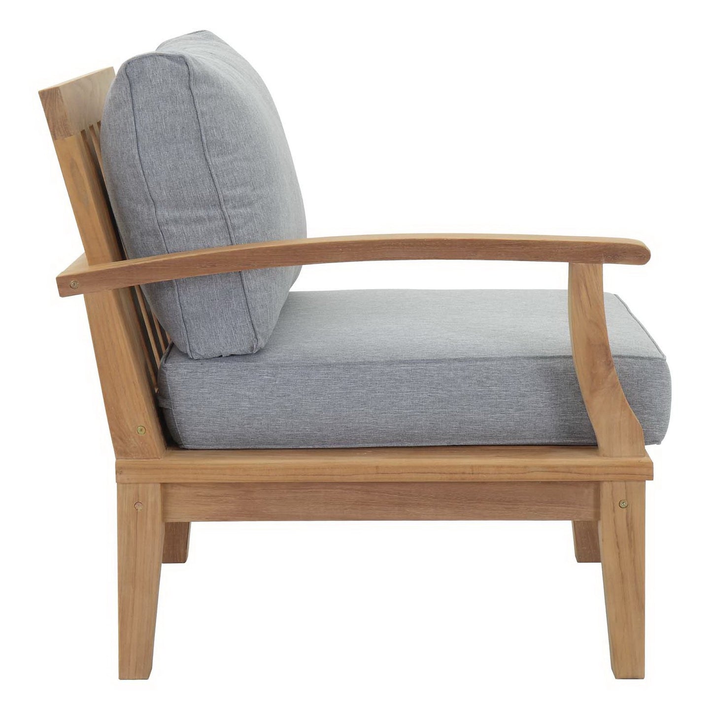 Natural wood outdoor armchair with light gray cushions, curved arms and sturdy square legs.