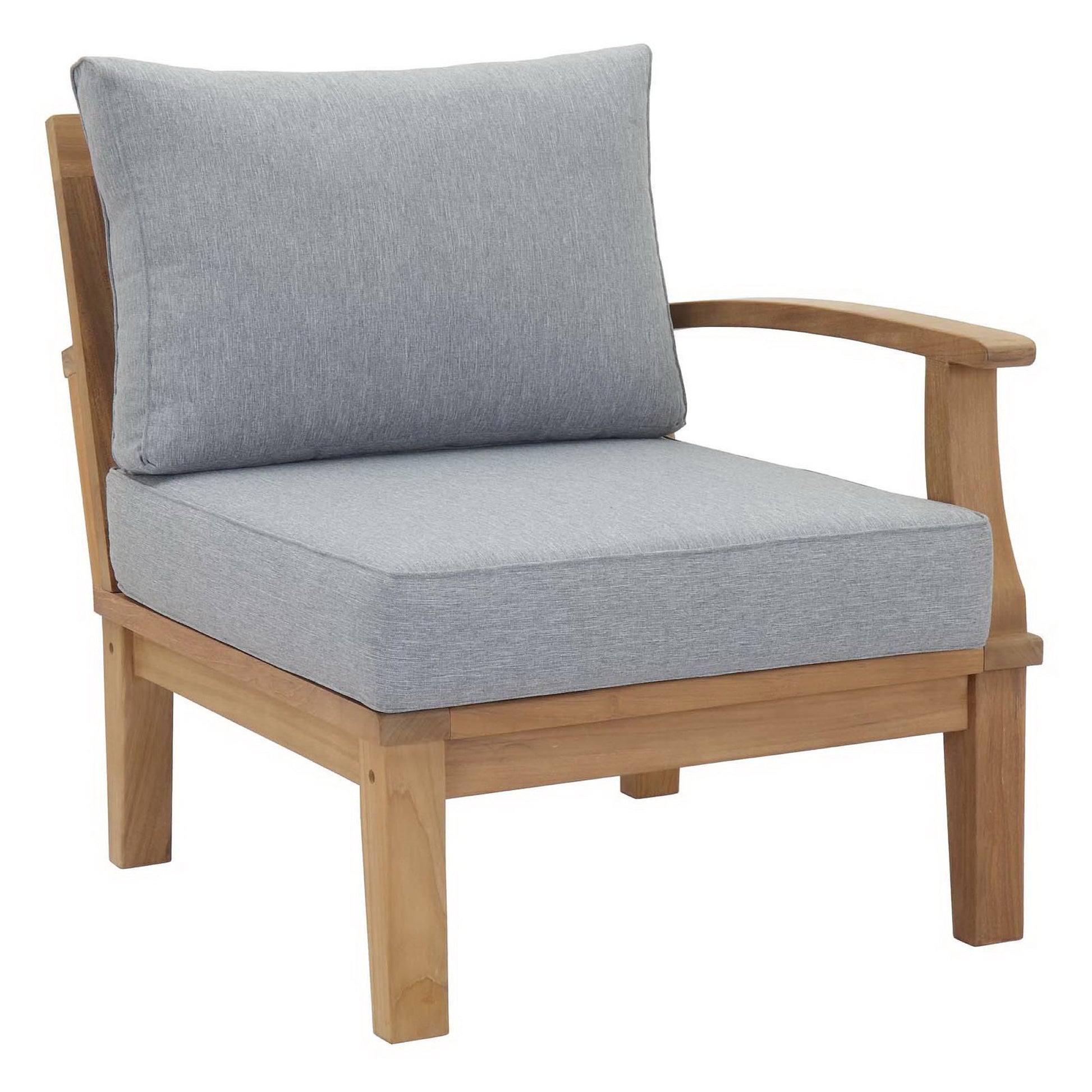 Natural wood armchair with curved arms and light gray fabric cushions for indoor/outdoor lounge use.