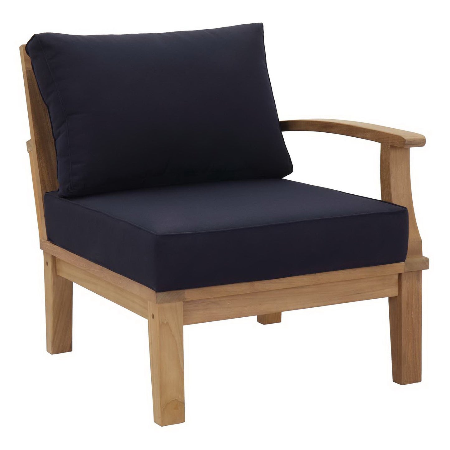 Natural wood framed armchair with navy cushions; square seat & back cushion, outdoor style.