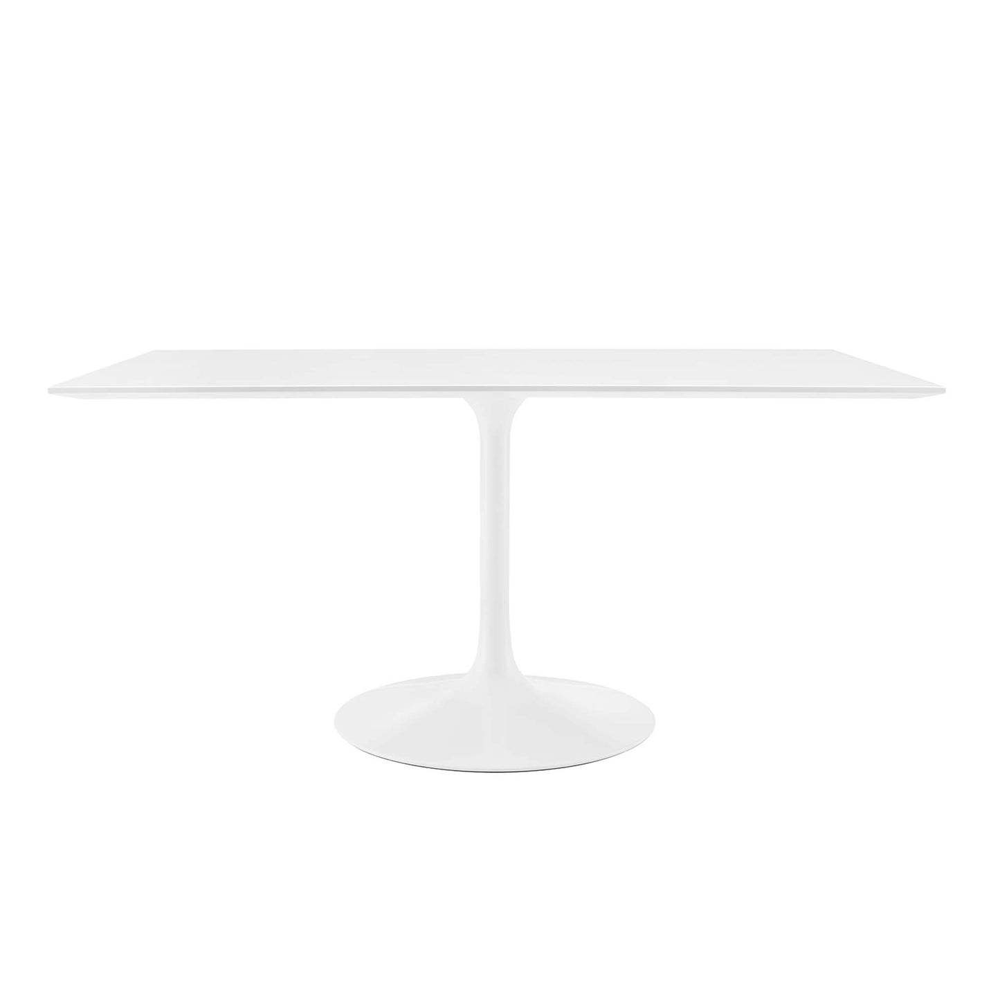 White tulip-style rectangular wood dining table with rounded edges and single pedestal base.