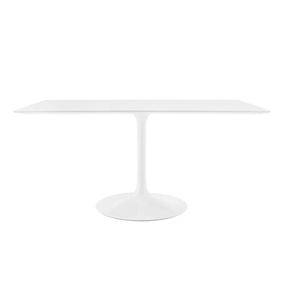 White tulip-style rectangular wood dining table with rounded edges and single pedestal base.
