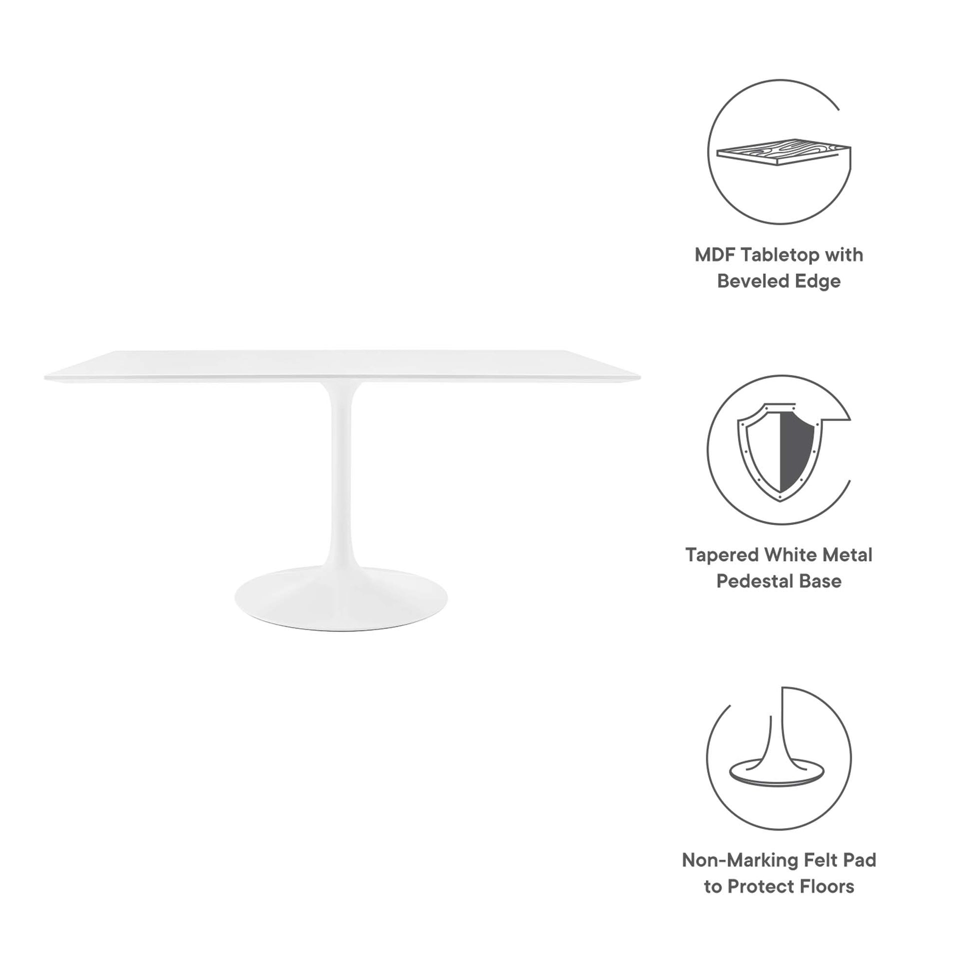 White MDF tabletop with beveled edge on a tapered white metal pedestal base; non-marking felt floor pads.