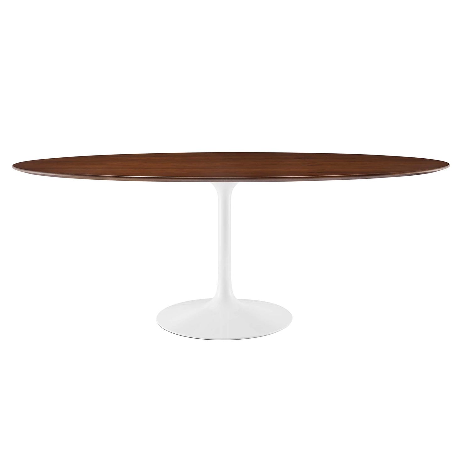 Oval walnut wood dining table on a white tulip pedestal base, mid-century modern design.