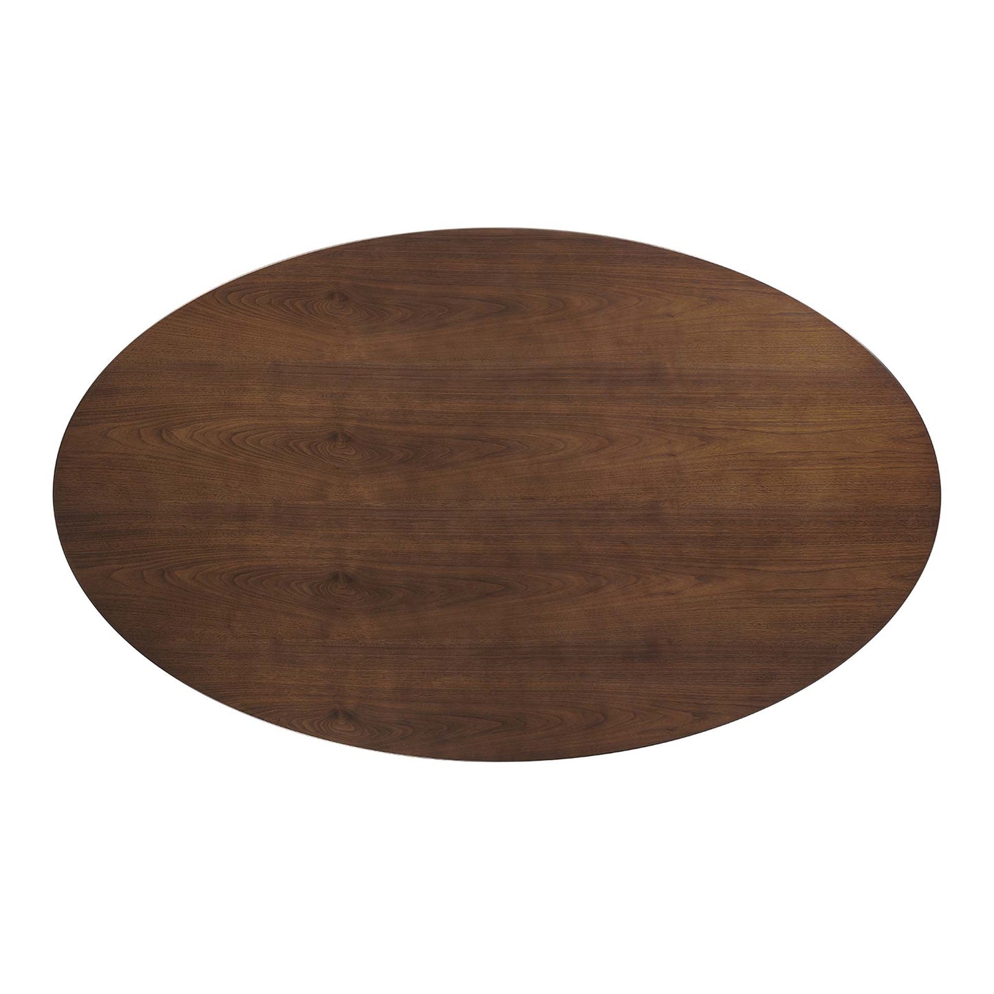 Oval walnut wood tabletop with rich dark brown finish & prominent grain pattern.