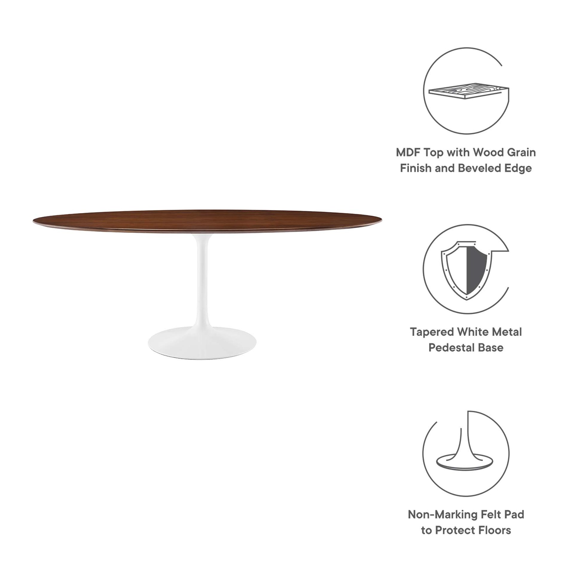 Round walnut wood-grain MDF tabletop with beveled edge on a white tapered pedestal base; non-marking felt pads.