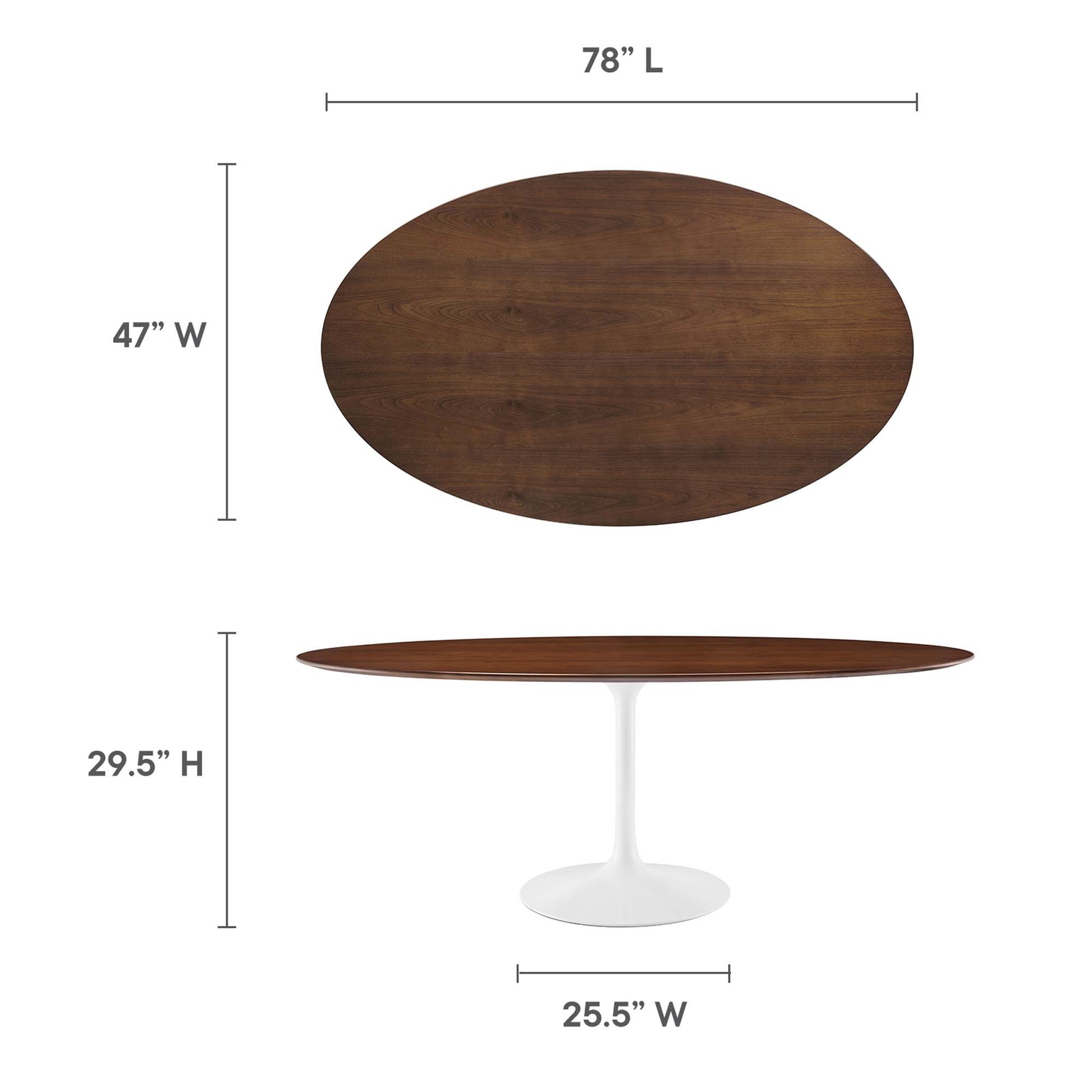 Walnut oval dining table on white tulip pedestal base; 78" L x 47" W x 29.5" H; base 25.5" W.