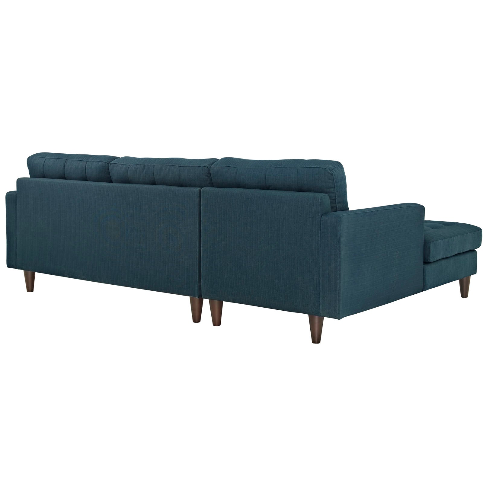 Azure blue fabric left-facing sectional with chaise, low-profile back cushions, tapered wooden legs.