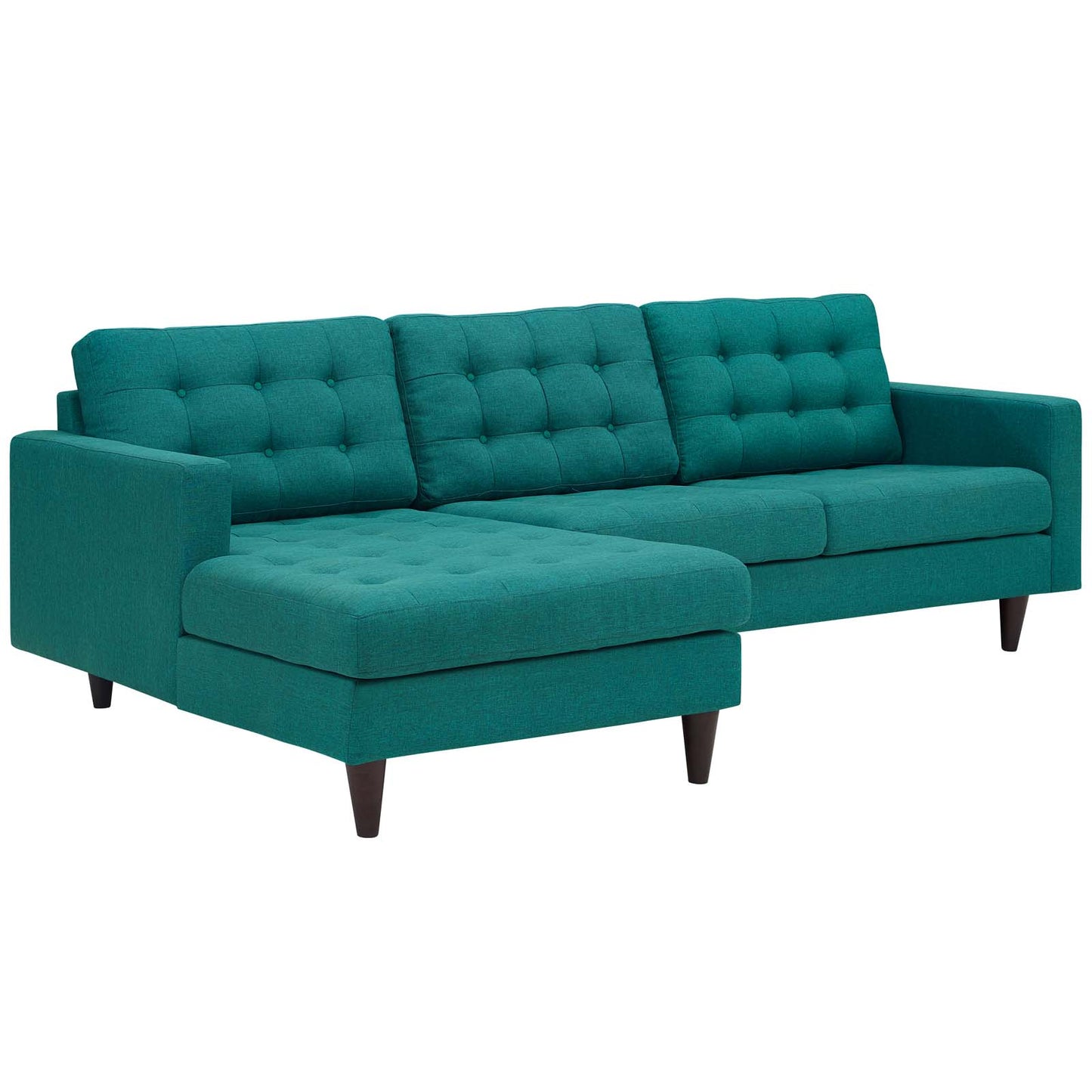 Teal fabric sectional sofa with tufted back cushions and a left-side chaise, dark tapered legs.