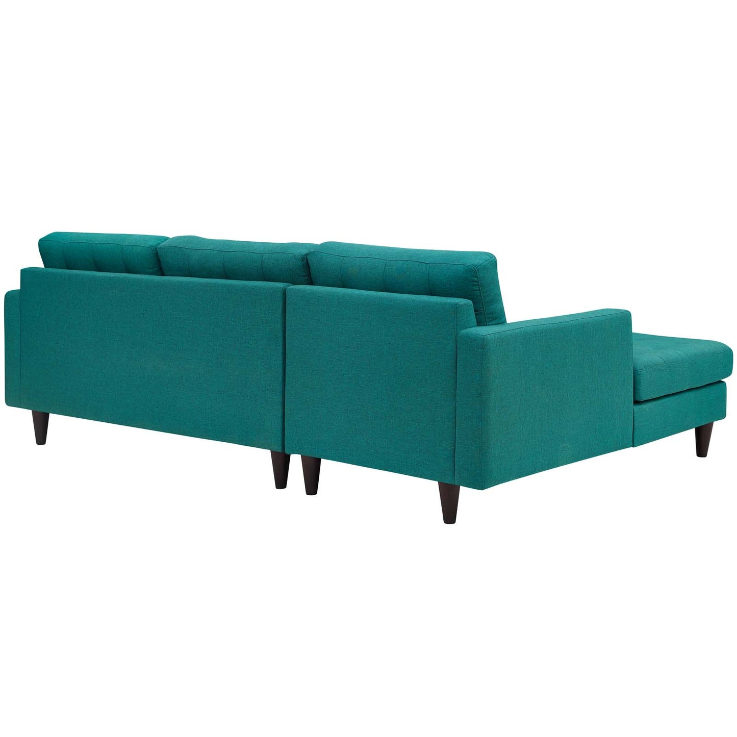 Teal fabric left-facing sectional sofa with chaise on the left, mid-century wooden legs, plush back cushions.