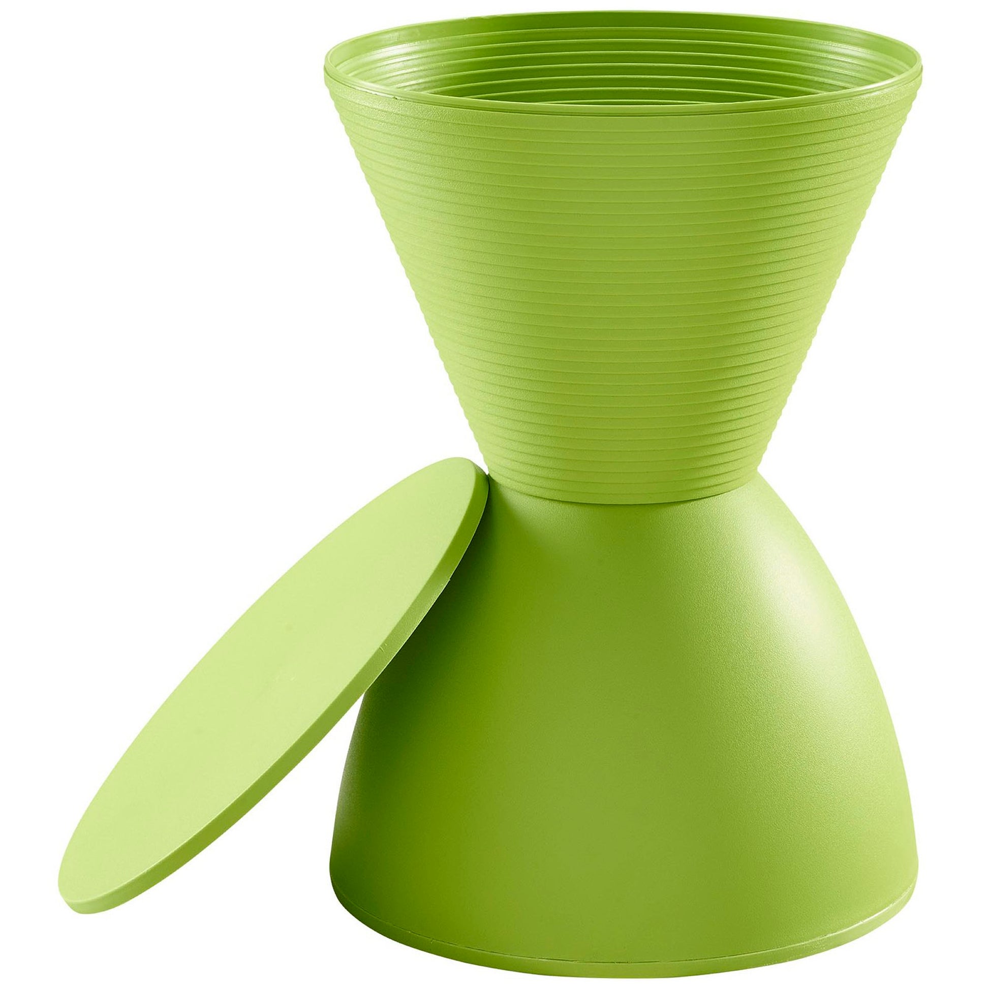 Bright green backless stool with a round seat and slender legs.